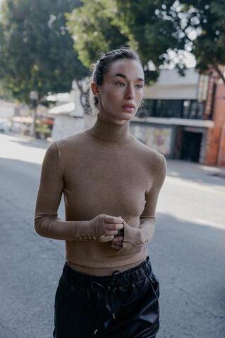 ZARA БАЗОВЫЙ ТРИКОТАЖНЫЙ ДЖЕМПЕР С ВЫСОКИМ ВОРОТНИКОМ, СЕРО-КОРИЧНЕВЫЙ МЕЛАНЖ