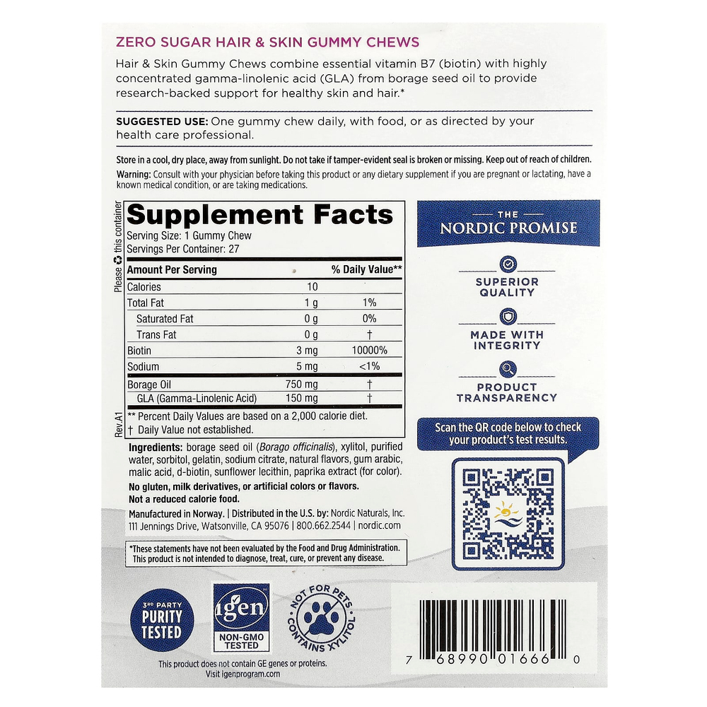 Nordic Naturals, Zero Sugar Hair & Skin Gummy Chews, Strawberry Lemonade, 27 Gummy Chews