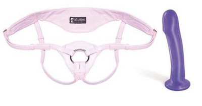 Розовые кожаные трусики-джоки с лиловым фаллосом, 16,5 см