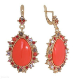 ерьги с кораллами и кристаллами Сваровски. Английский замок. Покрытие медь.