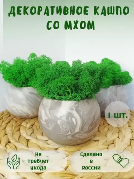 Декоративное кашпо серый мрамор из гипса со мхом