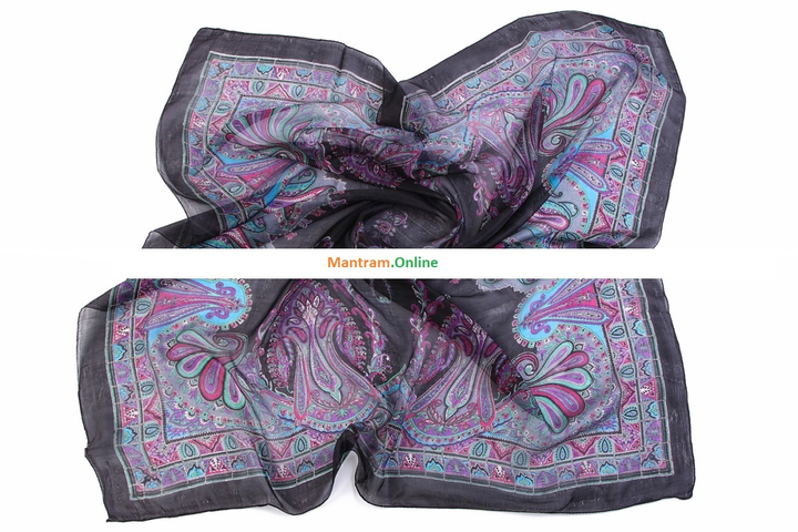 Платок материал Шелк 100% Плотный узор цвет голубой зеленый розовый фиолетовый серый с черной каймой 100x100см.