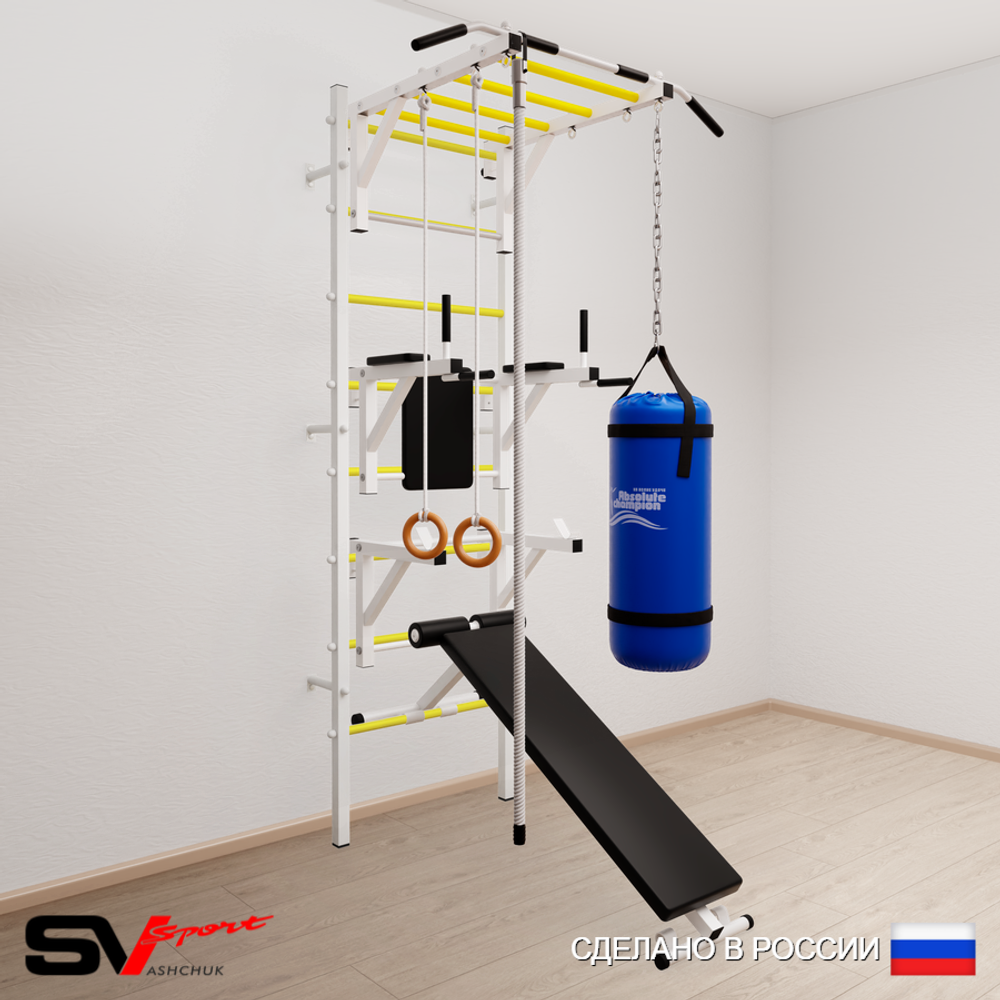 Шведская стенка Sv Sport усиленная 6643 (Турник рукоход/Брусья/Стойка/Скамья/Канат/Кольца/Цепь/Мешок 30кг)