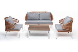 "Милан" лаунж-зона 4-местная плетеная из роупа (веревки), каркас алюминиевый светло-серый, роуп оранжевый меланж