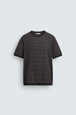 ZARA ТРИКОТАЖНАЯ ФУТБОЛКА ИЗ ЛЬНА И ХЛОПКА В ПОЛОСКУ, МОРСКОЙ СИНИЙ