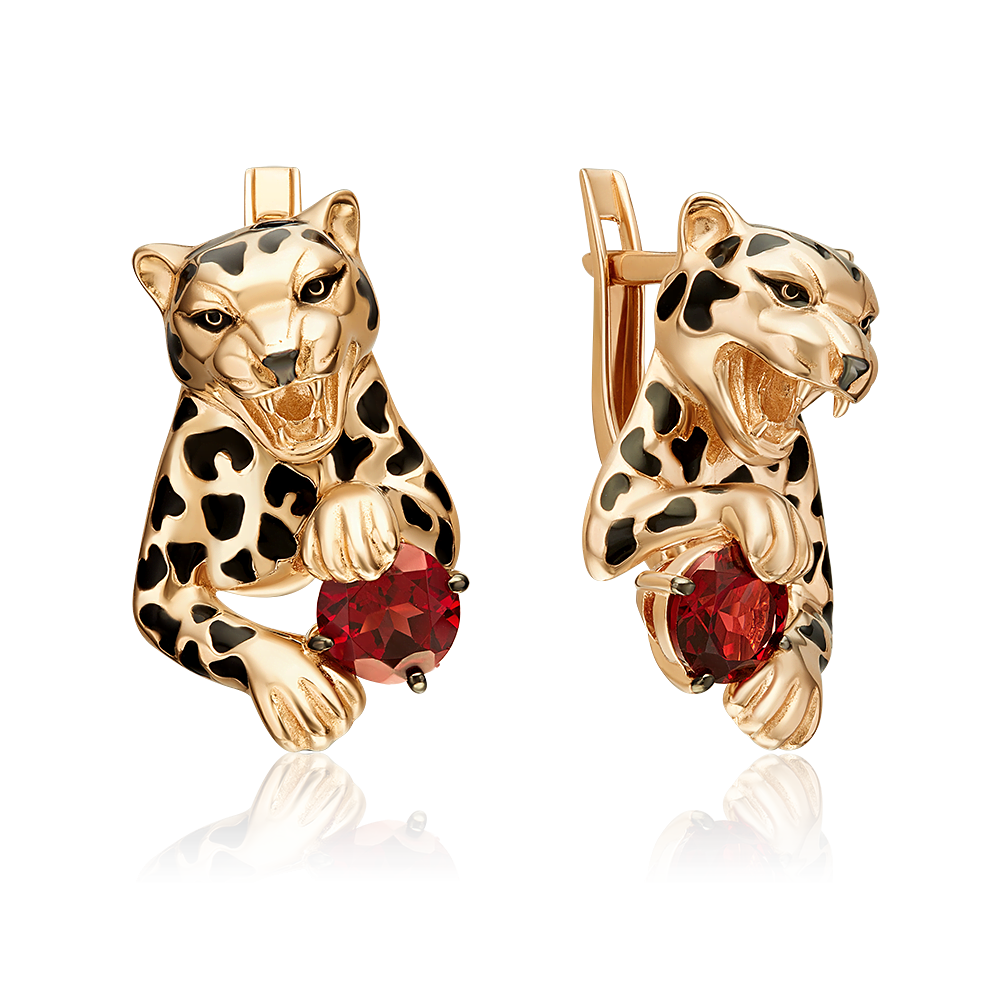 Серьги «Леопарды» с английским замком из красного золота с гранатом и эмалью
