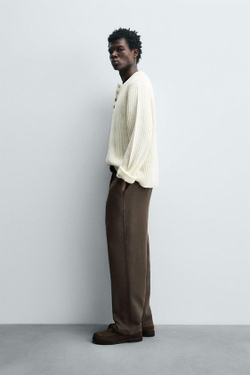 ZARA БРЮКИ RELAXED FIT С РЕЛЬЕФНОЙ СТРУКТУРОЙ, КОРИЧНЕВЫЙ