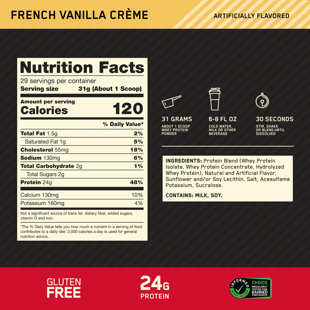 Optimum Nutrition, Gold Standard 100% Whey, сыворотка, французский ванильный крем, 907 г (2 фунта)