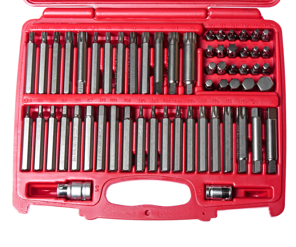 Набор бит 1/2" 3/8" HEX, TORX, SPLINE, RIBE 6-ти гранных 2 держателя 58 предметов в кейсе JTC