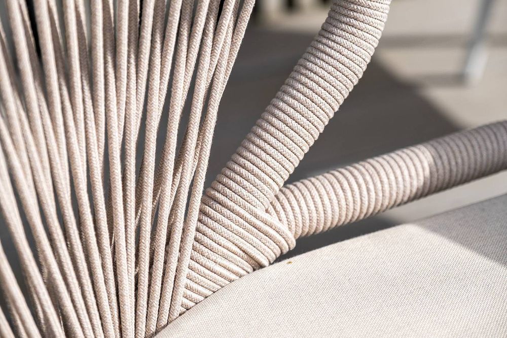 "Милан" стул плетеный из роупа, каркас алюминий белый шагрень, роуп бежевый круглый, ткань бежевая