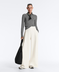 OYSHO Брюки из саржевой ткани с высокой посадкой и складками, экрю