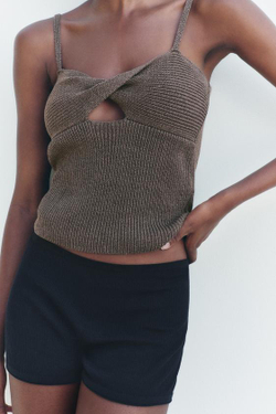 ZARA ОДНОТОННЫЙ ТРИКОТАЖНЫЙ ТОП ИЗ СМЕСОВОГО ЛЬНА С УЗЛОМ, ТЕМНЫЙ ХАКИ