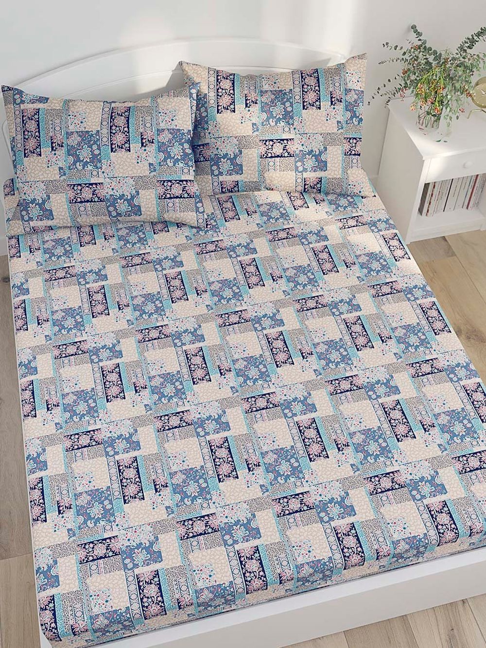 Постельное белье Сказка "Лоскутная мозаика" 1,5-сп Наволочка 50х70 см 1 шт Простынь на резинке 90х200 см Пододеяльник 145х215 см, перкаль