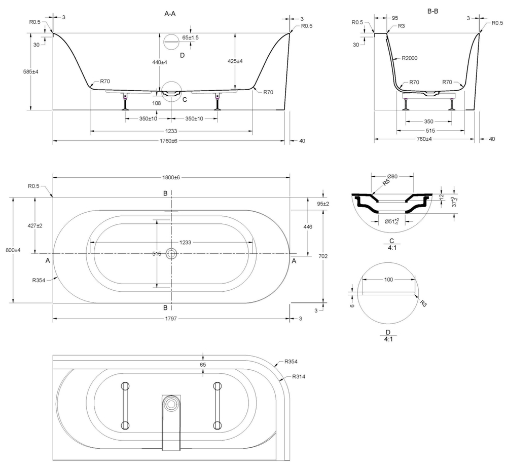 Ванна акриловая Vincea VBT-704-1800-R, 1800*800*585, цвет белый, правая, щелевой перелив, слив белый