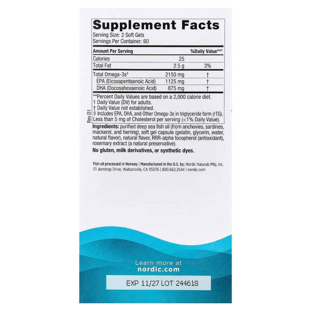 Nordic Naturals, Ultimate Omega 2X, высокоэффективные омега-3 кислоты, со вкусом лимона, 2150 мг, 120 капсул (1075 мг в 1 капсуле)