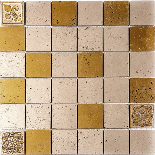 GLY-3B Итальянская мозаика травертин и агломерат Skalini Mixеs бежевый золотой квадрат узор