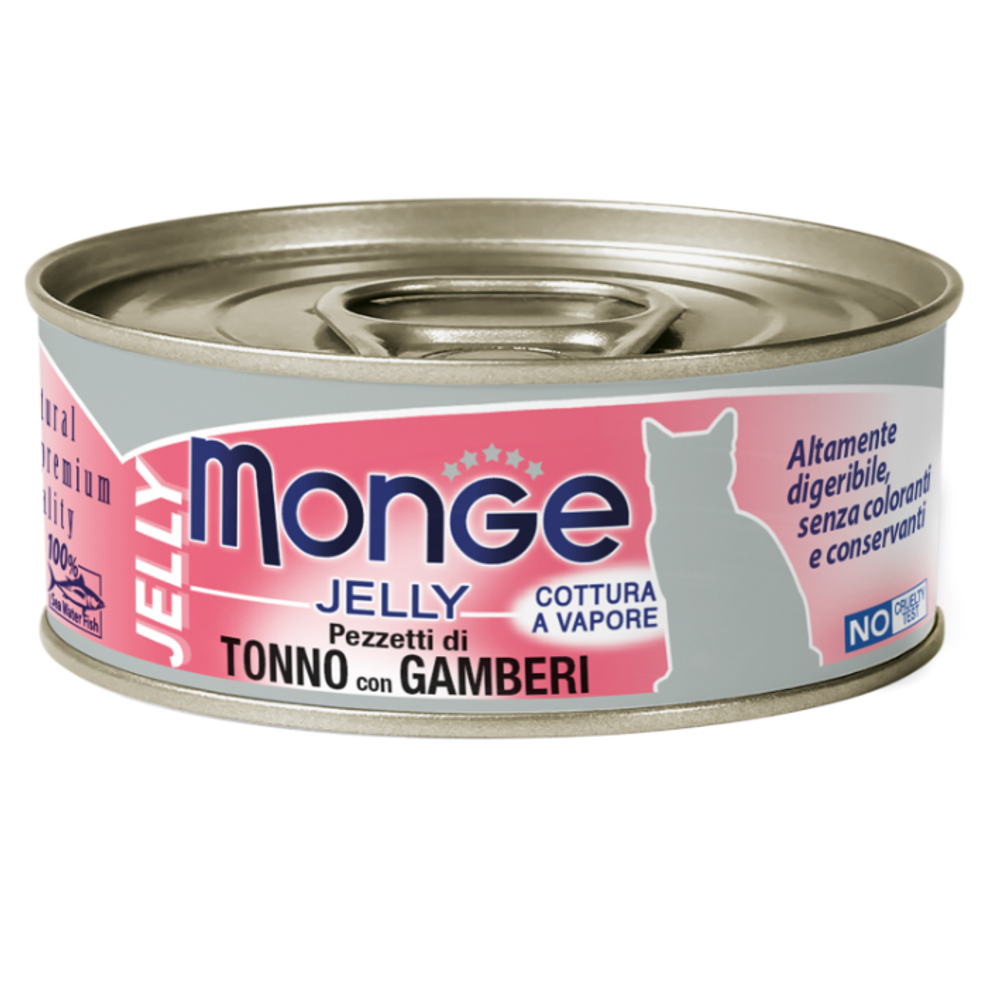 Monge jelly влажный корм для взрослых кошек с желтоперым тунцом и креветками, консервы 80 г