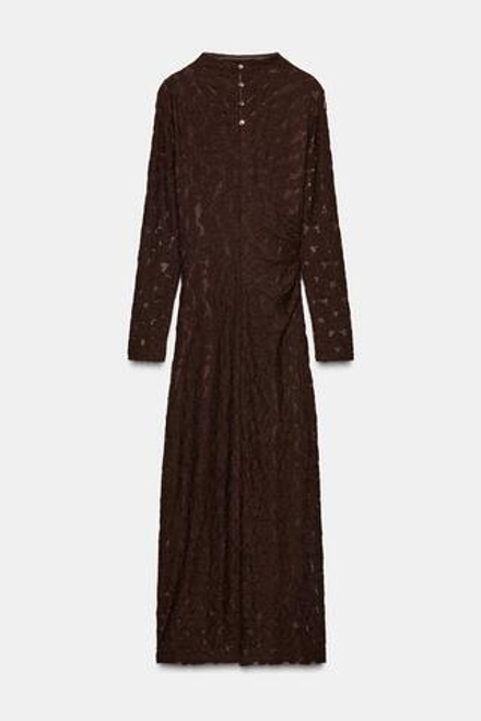ZARA ПЛАТЬЕ МИДИ С ПЕРФОРАЦИЕЙ И ДРАПИРОВКОЙ, КОРИЧНЕВЫЙ