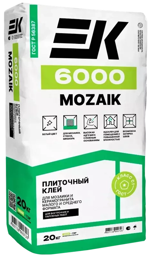 Белый клей для плитки, керамогранита, камня и мозаики ЕК 6000 Mozaik С1 (20 кг)
