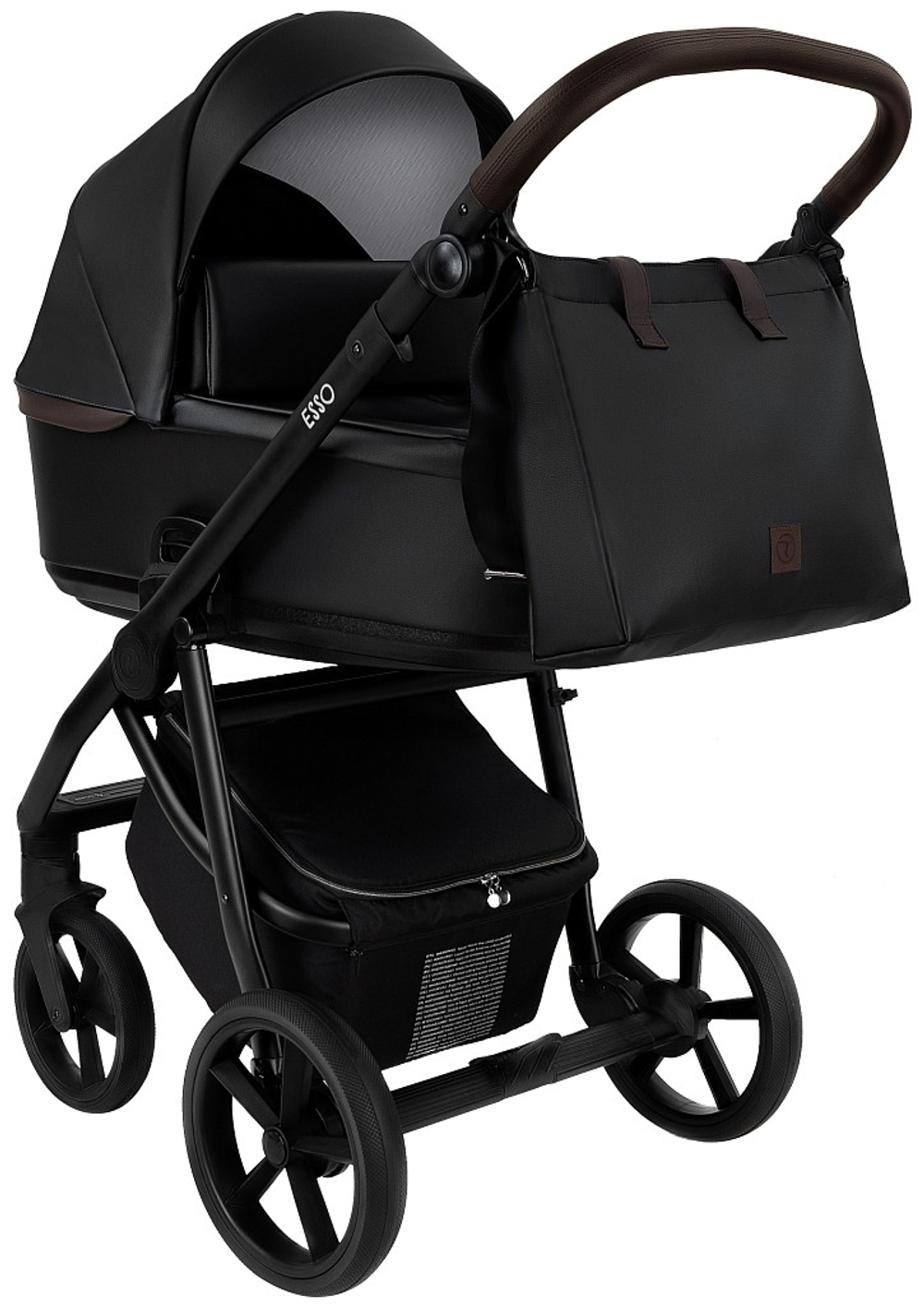 Детская коляска Roan Esso Кожа 3 в 1 с автокреслом Pituso Baesa Pro Black ESSK/210/1 Black /Black/руч.Тем.коричневый