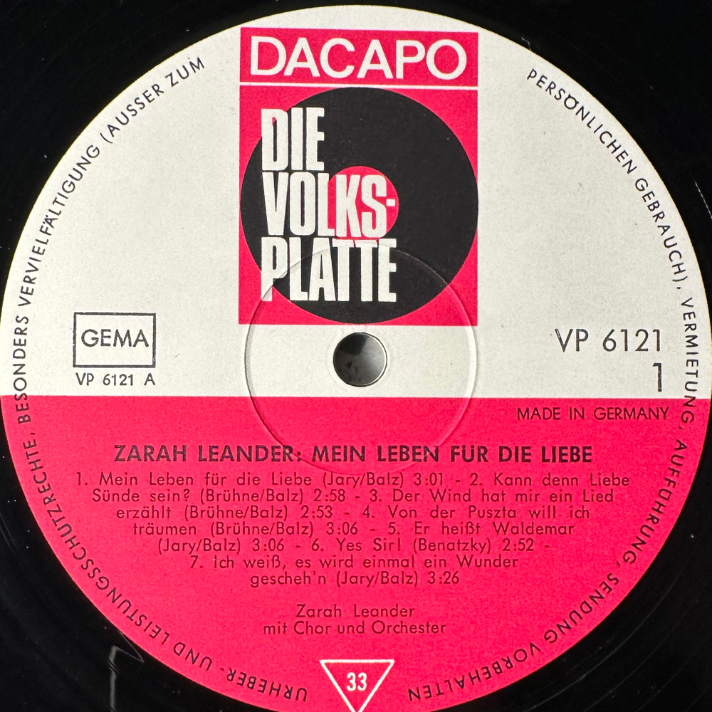 Zarah Leander ‎– Mein Leben Für Die Liebe (Германия)