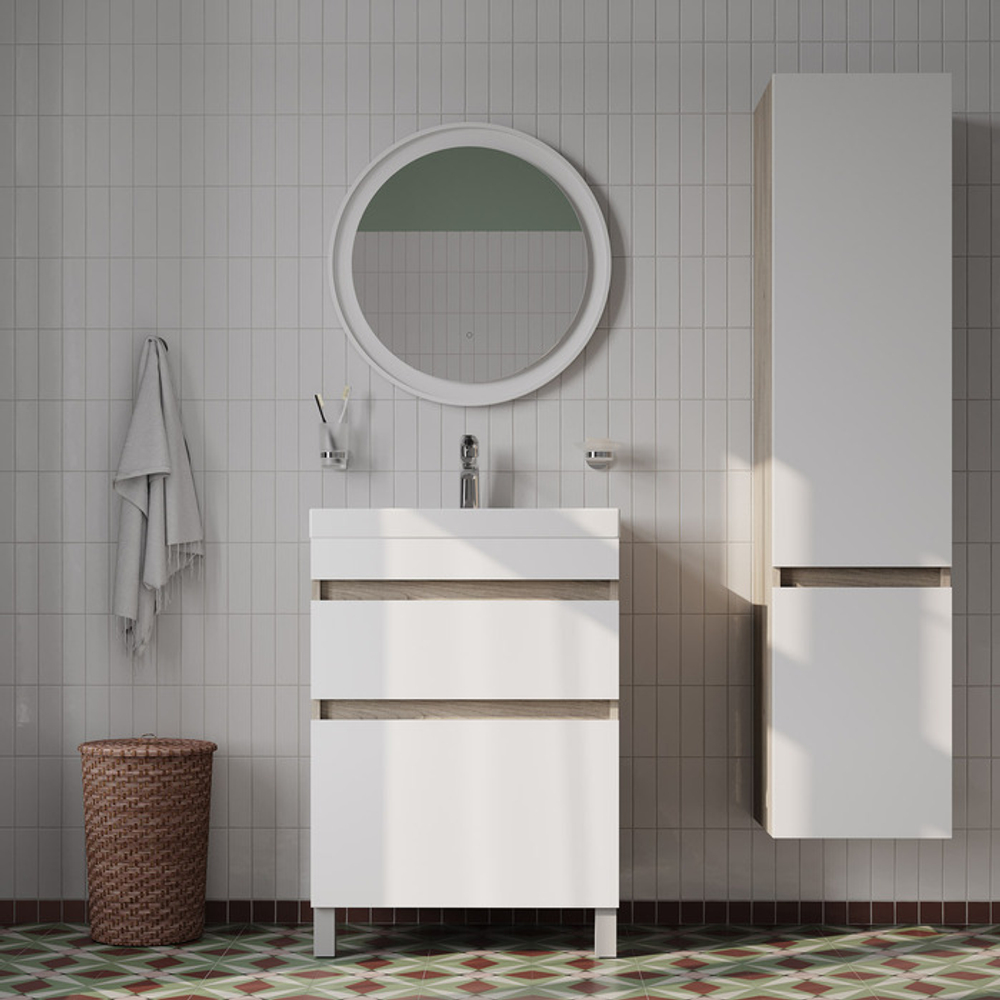 Тумба с умывальником напольная с ящиками IDDIS Zodiac, 60 см, белая/под дерево, ZOD6ABFi95K