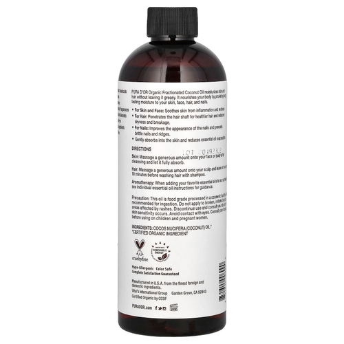 Pura D'or, органическое фракционированное кокосовое масло (MCT), 473 мл (16 жидк. унций)