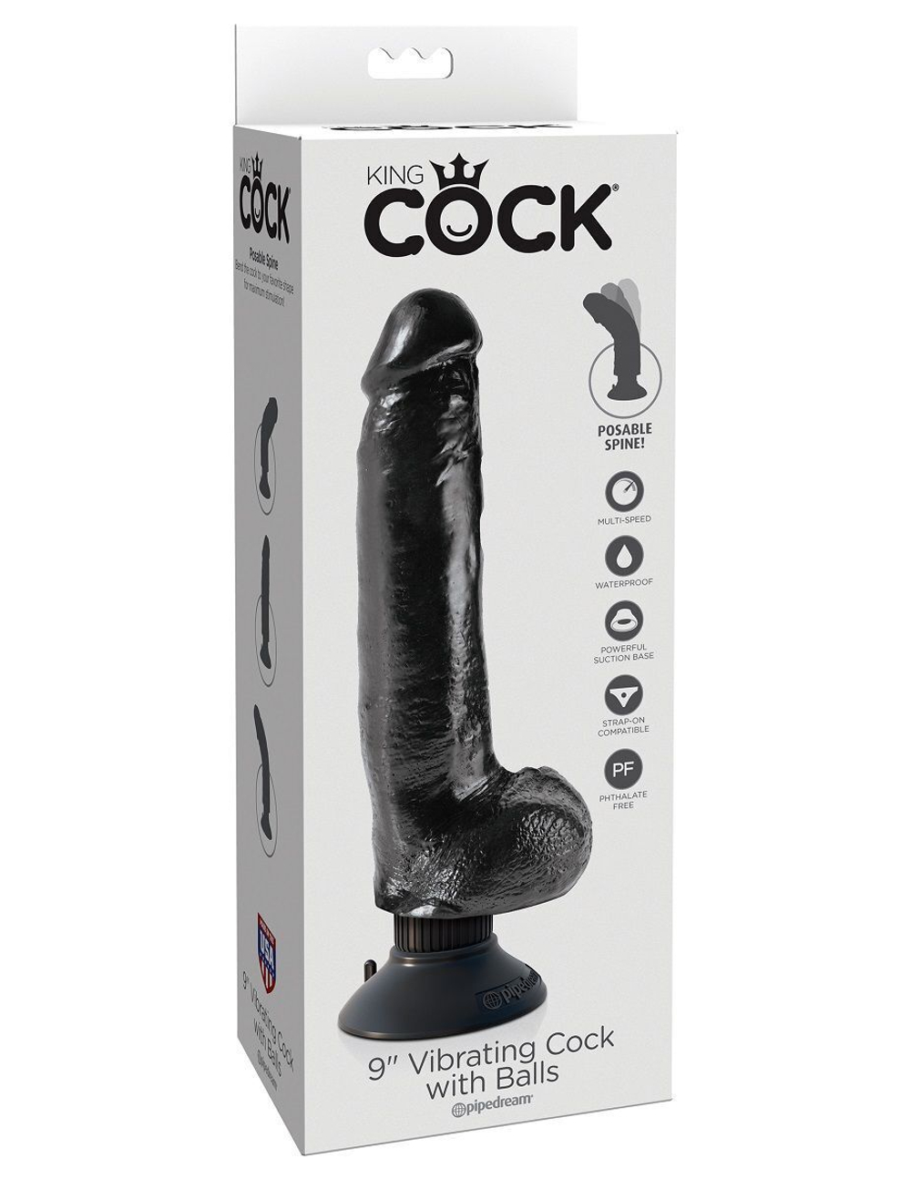Чёрный виброфаллос со съемной присоской 9 Vibrating Cock with Balls - 22,9 см. (Цвет: черный)