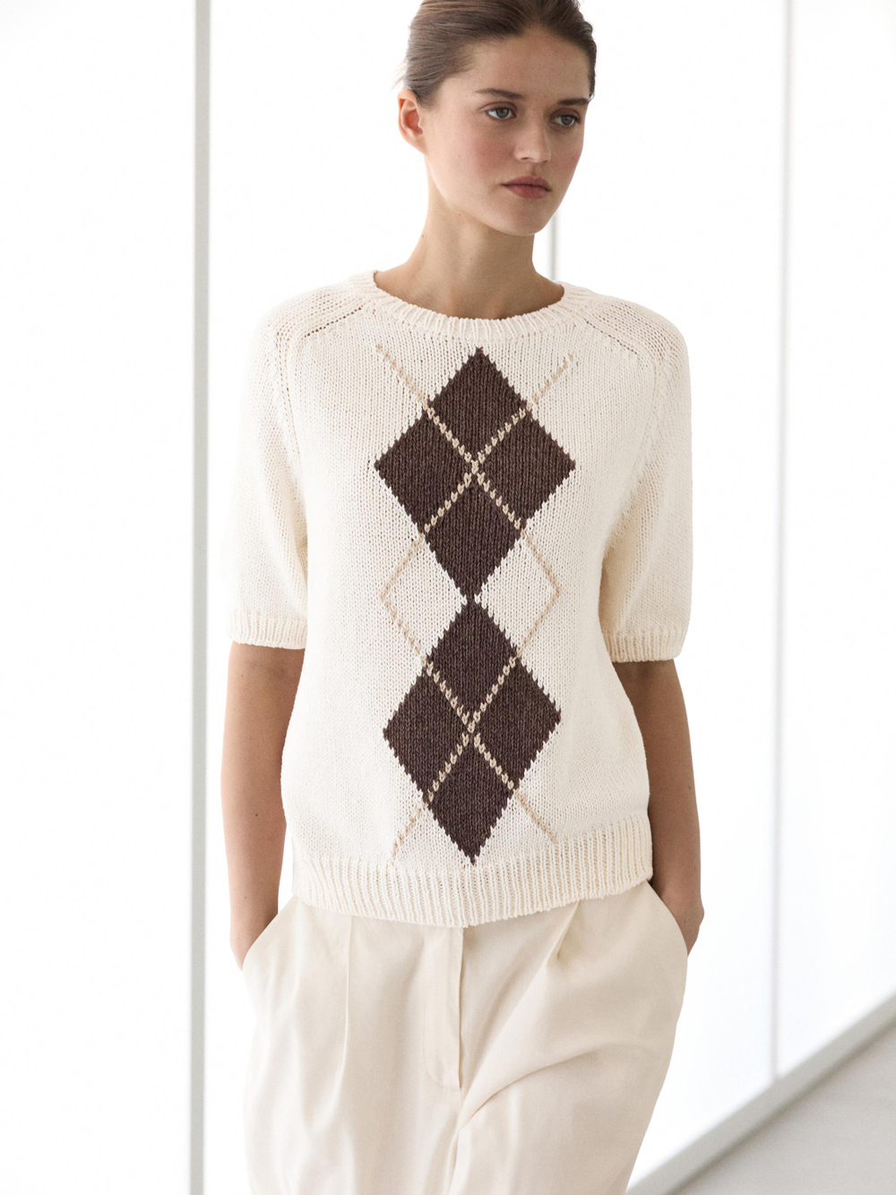 Massimo Dutti Трикотажный свитер с короткими рукавами и ромбами, натуральный/кремовый