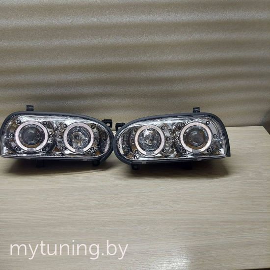 Передние фары VW Golf 3 angel eyes chrome