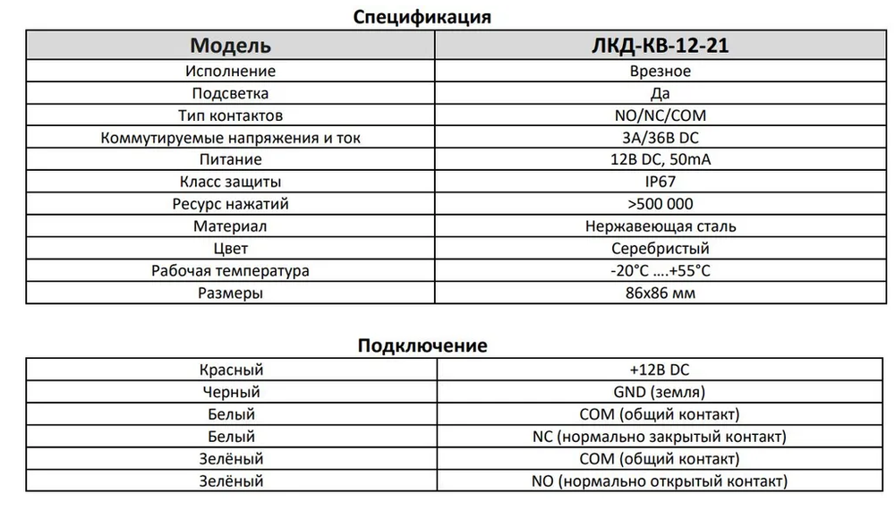 ЛКД-КВ-12-21 Кнопка выхода врезная, NO/NC/COM контакты, размер: 86*86 мм