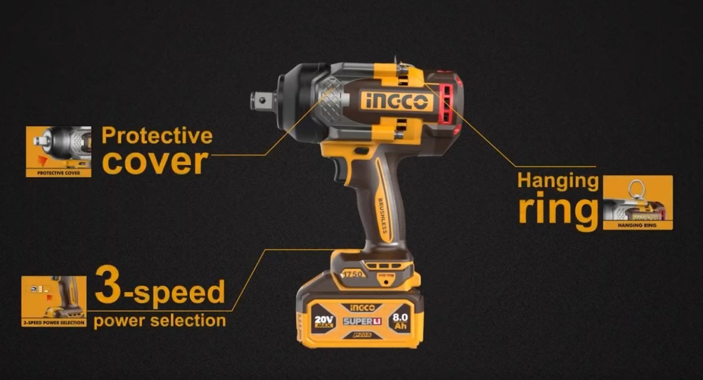 Аккумуляторный бесщеточный ударный гайковерт INGCO CIWLI201751 INDUSTRIAL 20 В 1/2" 1750 Нм / 2100 Нм