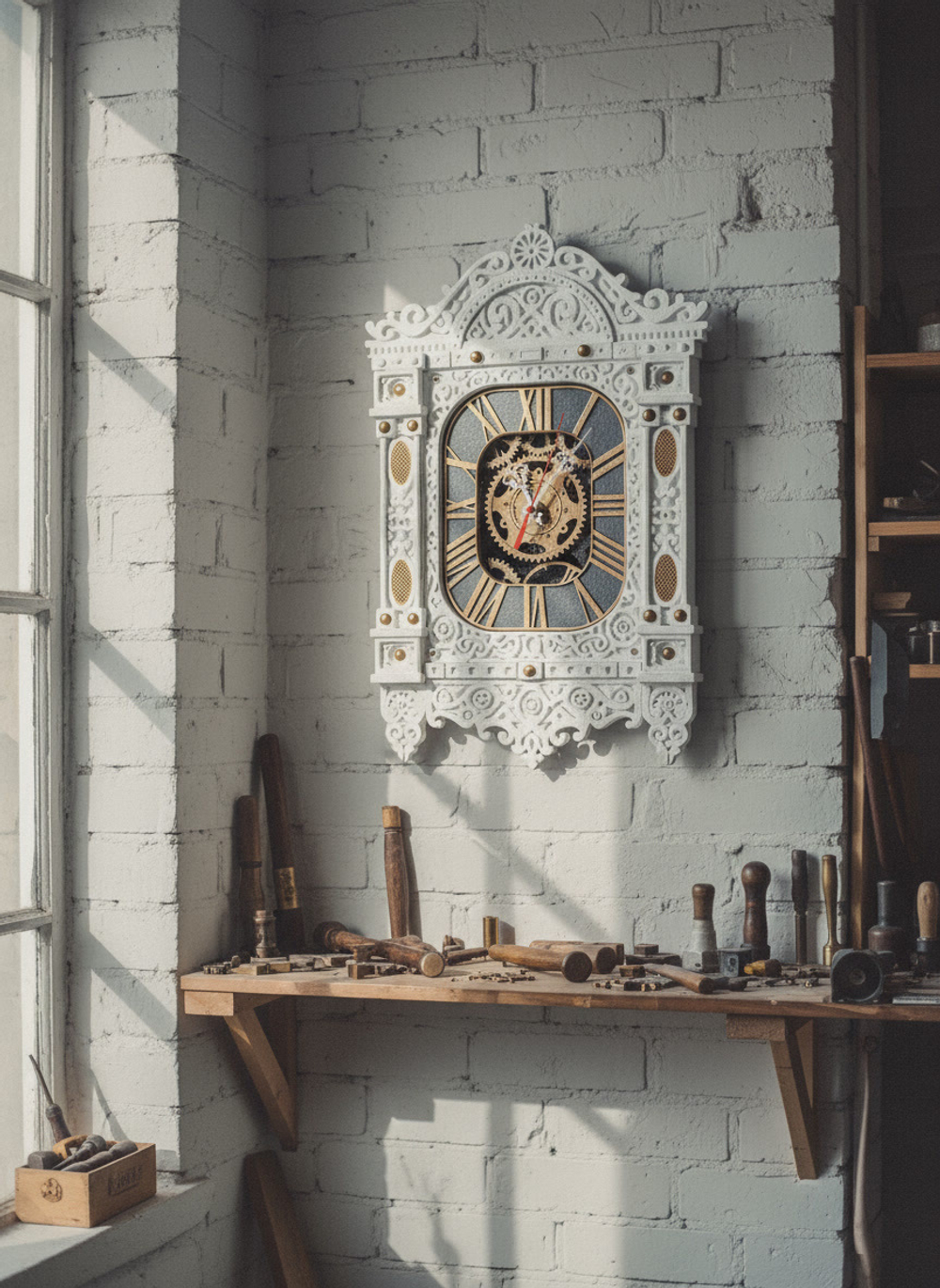 Часы WOODandROOT «Автоматон Вологда» на белой кирпичной стене у окна и рабочего стола, с выразительной резьбой и декоративным северным орнаментом.