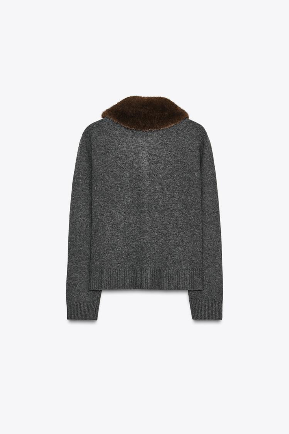 ZARA ТРИКОТАЖНАЯ КУРТКА С ВОРОТНИКОМ ИЗ ИСКУССТВЕННОГО МЕХА, АНТРАЦИТОВО-СЕРЫЙ