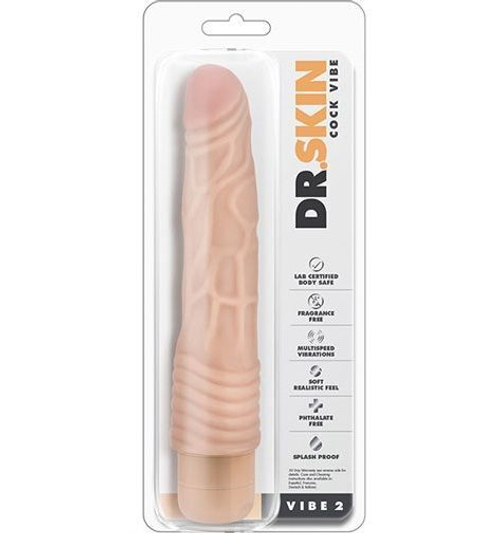 Blush Novelties Dr. Skin Cock Vibe 2 – телесный вибратор-реалистик с рельефом, мультискоростная вибрация, 22,8 × 3,8 см