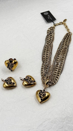 Колье кулон дутое сердце с ангелом со стрелой и черными кристаллами на цепочках, золото антик