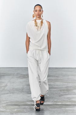 ZARA ТОП АСИММЕТРИЧНОГО КРОЯ В СТИЛЕ РУСТИК, ЖЕЛТОВАТО-БЕЛЫЙ