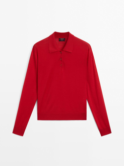 Massimo Dutti Свитер из 100% шерсти с воротником поло и пуговицами, красный