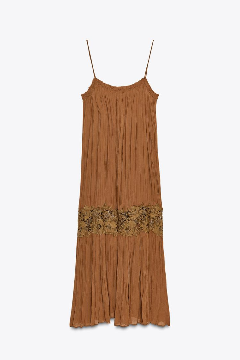 ZARA ЖАТОЕ ПЛАТЬЕ С ВЫШИВКОЙ — ZW COLLECTION, КОРИЧНЕВЫЙ