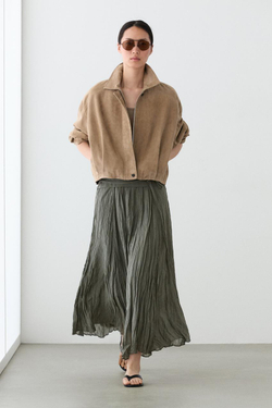 Massimo Dutti Юбка-миди из смеси рами с присборенной отделкой, зеленый