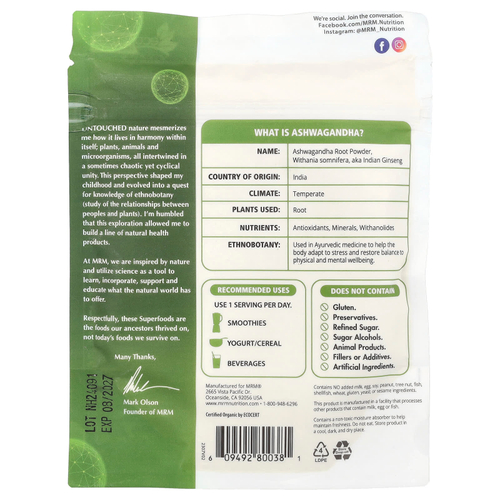 MRM Nutrition, Organic Ashwagandha Root Powder, 4  oz (113 g)