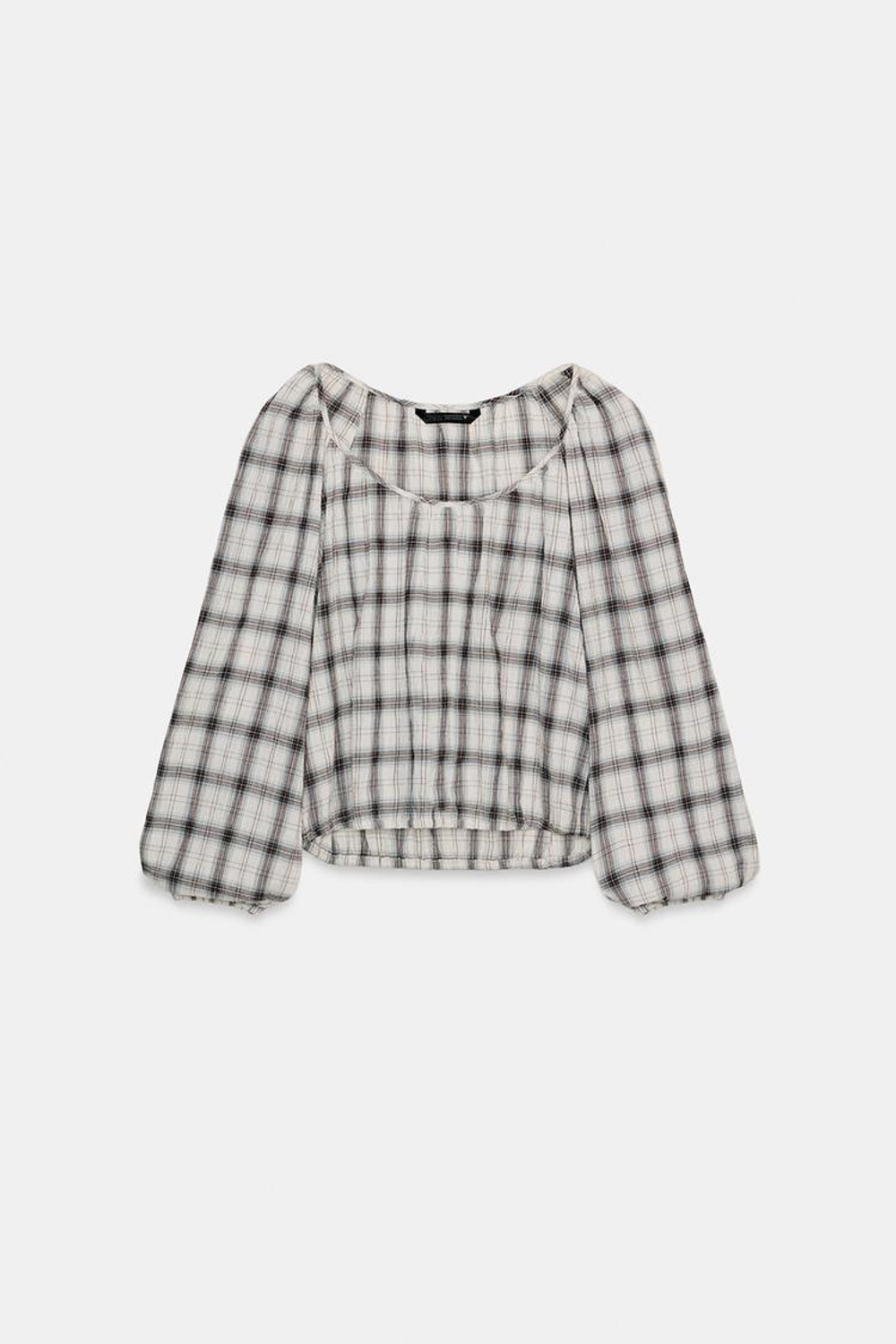 ZARA РУБАШКА В КЛЕТКУ С ЭЛАСТИЧНОЙ ОТДЕЛКОЙ, ЭКРЮ/СИНИЙ