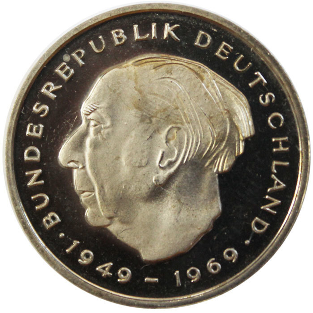 2 марки. 20 лет ФРГ - Теодор Хойс. (G) Германия. Медноникель. 1972 г. PROOF