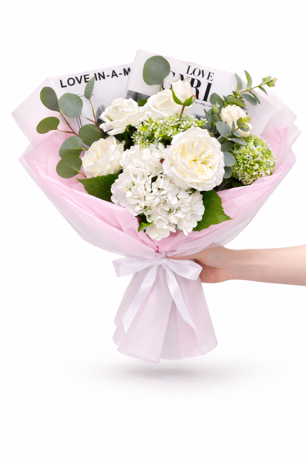 Быстро сборная упаковка в пленке. Форма №5 ГЛАМУР. Цвет: МАТОВАЯ пленка с РОЗОВОЙ тишью. размер букета: +/- в50, ш40