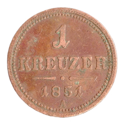 Монета Австрии 1 крейцера (kreuzer) 1851 год "A"