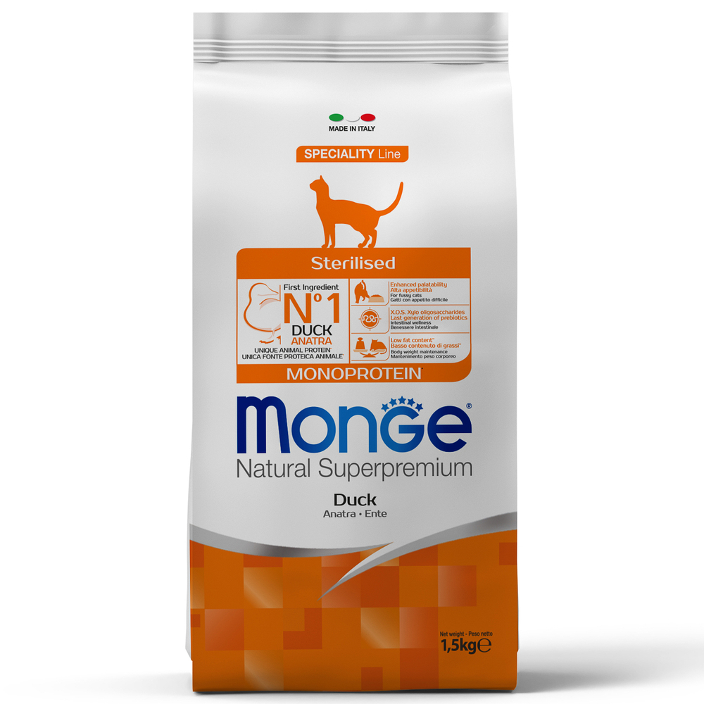 Сухой корм Monge Cat Speciality Line Monoprotein Sterilised для стерилизованных кошек, из утки 1,5 кг