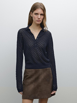 Massimo Dutti Трикотажная футболка с ажурным воротником поло темно-синий