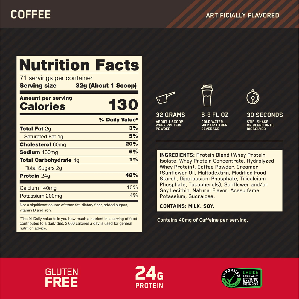 Optimum Nutrition, Gold Standard® 100% Whey Protein, сывороточный протеин, со вкусом кофе, 2,27 кг (5 фунтов)