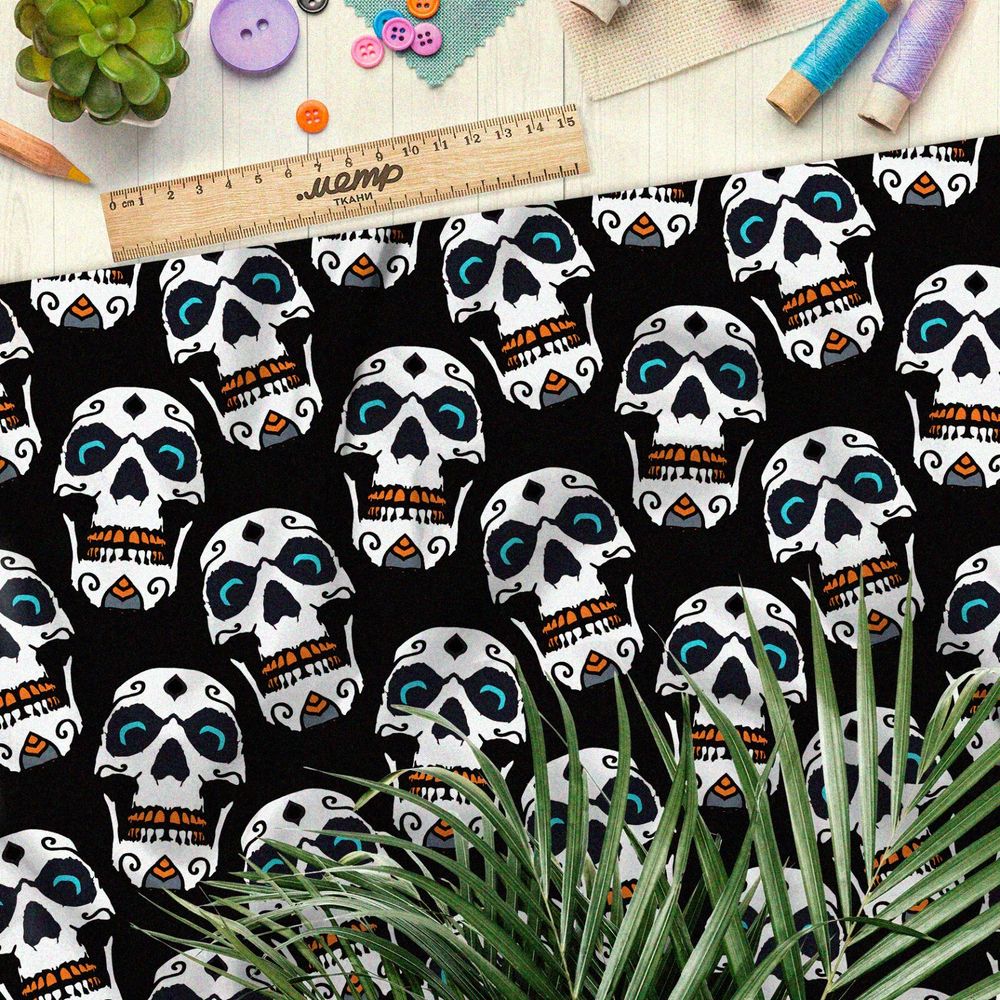 Ткань таффета сахарные черепа на чёрном фоне