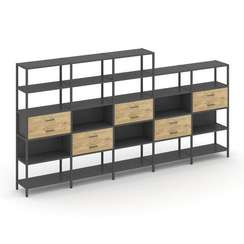 Shelf System Пятисекционный стеллаж пятиярусный с ящиками SN.STM-551 Антрацит/Тиквуд Светлый/Металл